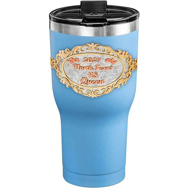 A customized tumbler made of stainless steel with a personalized engraved initials and North Texas High School Queen lettering, 30 oz, ideal for coffee or cool drinks